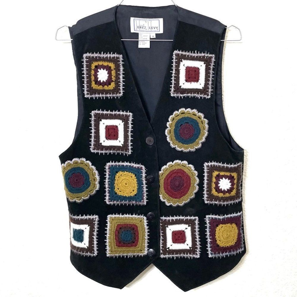 90’s Vintage Erez Levy Black Leather Vest With Yarn Stitch Granny Square Detail